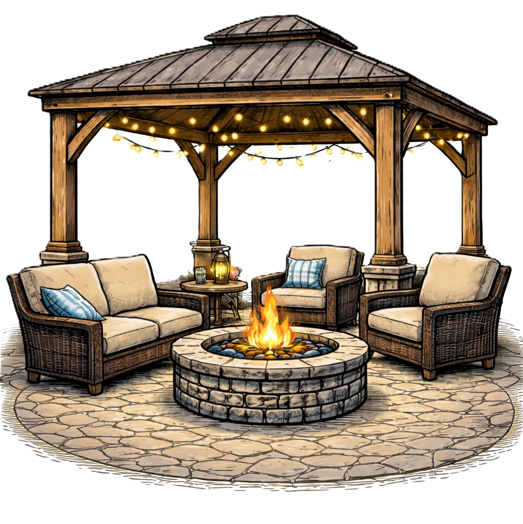Patio with firepit and gazebo illustration